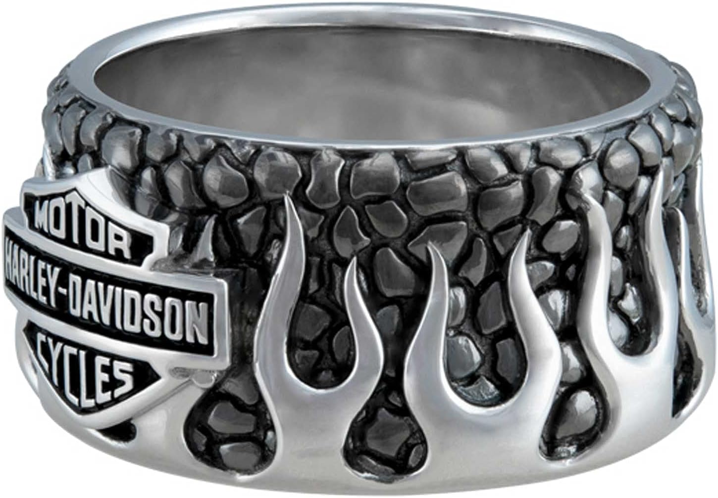Harley-Davidson Men's Textured Flames Bar & Shield Stainless Steel Metal Ring