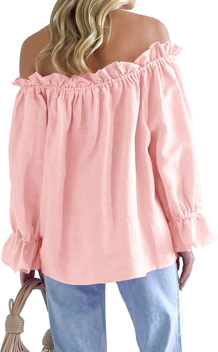 Imily Bela Womens Off The Shoulder Tops Puff Long Sleeve Tie Front Loose Fit Ruffle Shirts Blouses - Image 5