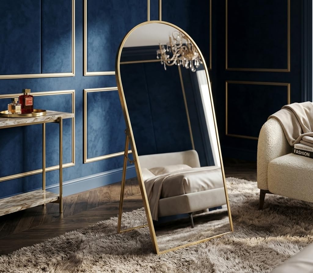 Ellehome A Perfect Home Decor Arched Full Length Floor Mirror with Stand, Black Metal Heavy Frame, 4 ft x 1.5 ft, Freestanding (Gold, 4 x 1.5 ft)-image-46