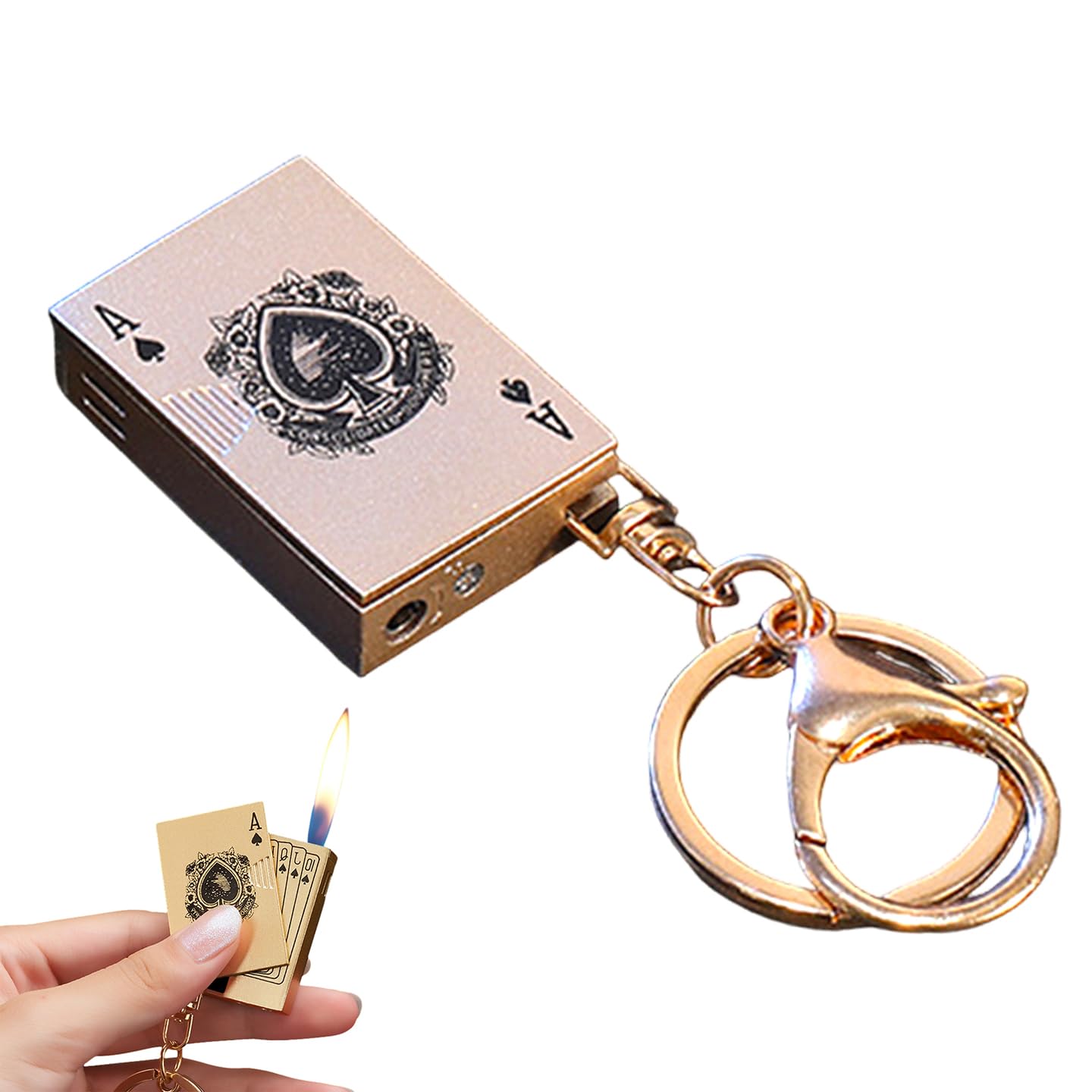 Playing Card Lighter Creative Pendant Keychain Mini Torch Metal Cool Refillable Butane Gas Lighter for Outdoor Indoor Camping (Butane Not Included) - Gold