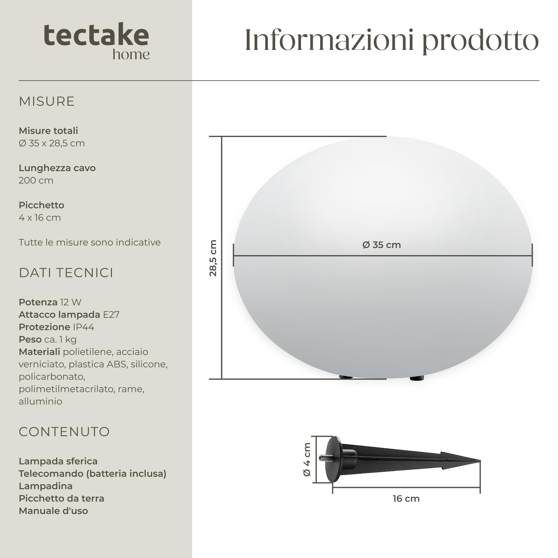 tectake® Lampada da terra Sfera LED, luce RGB da esterno e interno, telecomando, 16 colori, 1200 lumen, IP44 water proof, polietilene, luci giardino arredo esterno, piedini - L - Ø 35 x 27,5 cm