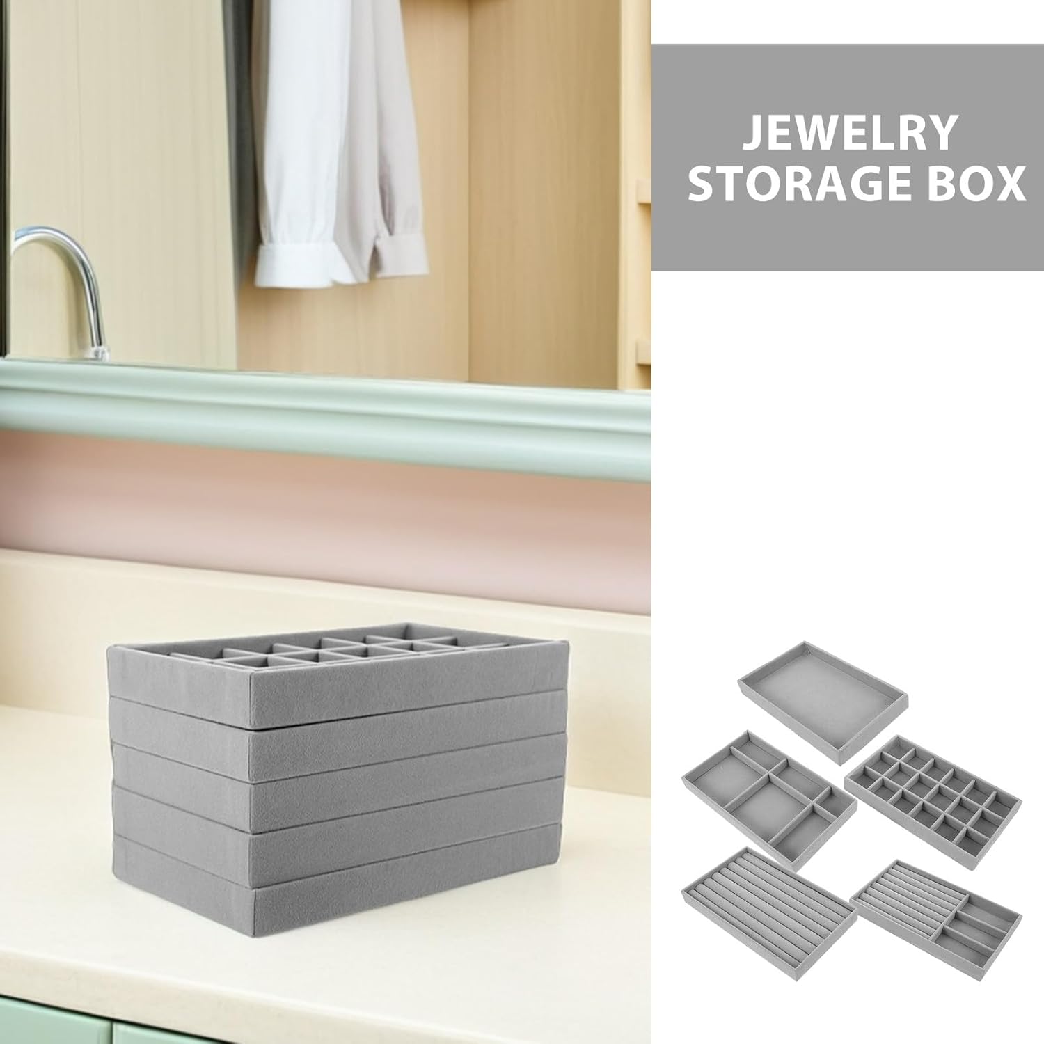 BESPORTBLE 5pcs Stackable Jewelry Storage Trays: Velvet Organizer Tray - Drawer Inserts for Rings Earrings Necklaces Bracelets Home Vanity Showcase Dresser Table