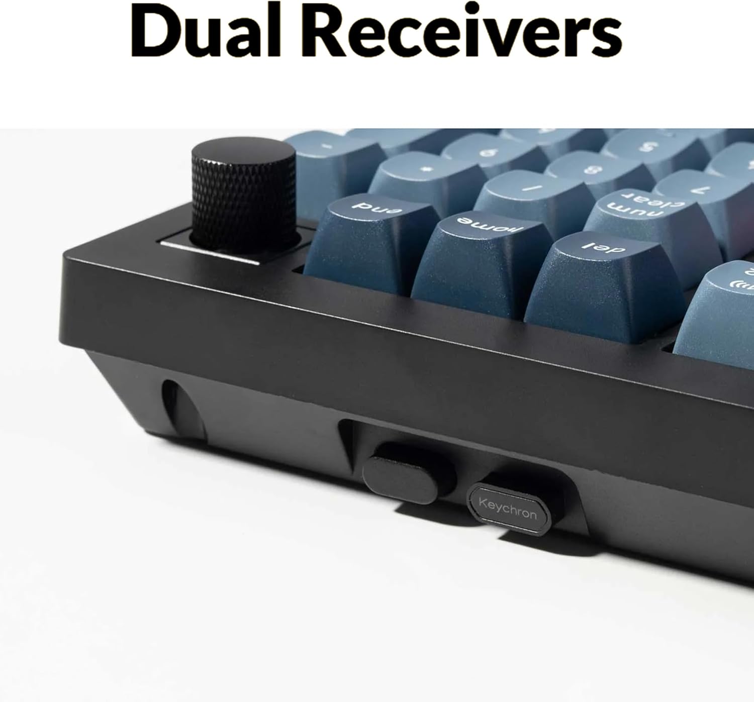 Keychron V5 Max keyboard on a desk with '4000 mAh' text overlay, highlighting its battery capacity.