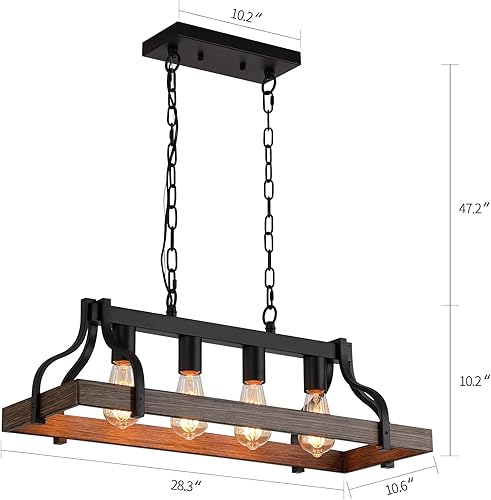 Miniatura 6 de Lámpara rústica para isla de cocina, comedor, lámpara lineal de granja, acabado de madera retro y 4 luces, colgante de metal industrial con
