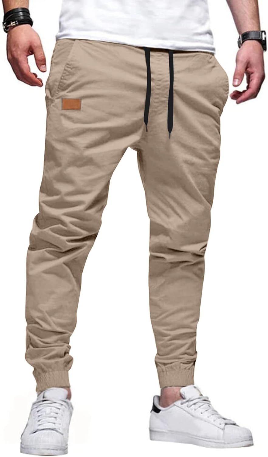 PLEPAN Mens Casual Cargo Joggers - Cotton Drawstring Chino Pants Hiking Outdoor Twill Track Jogging Sweatpants