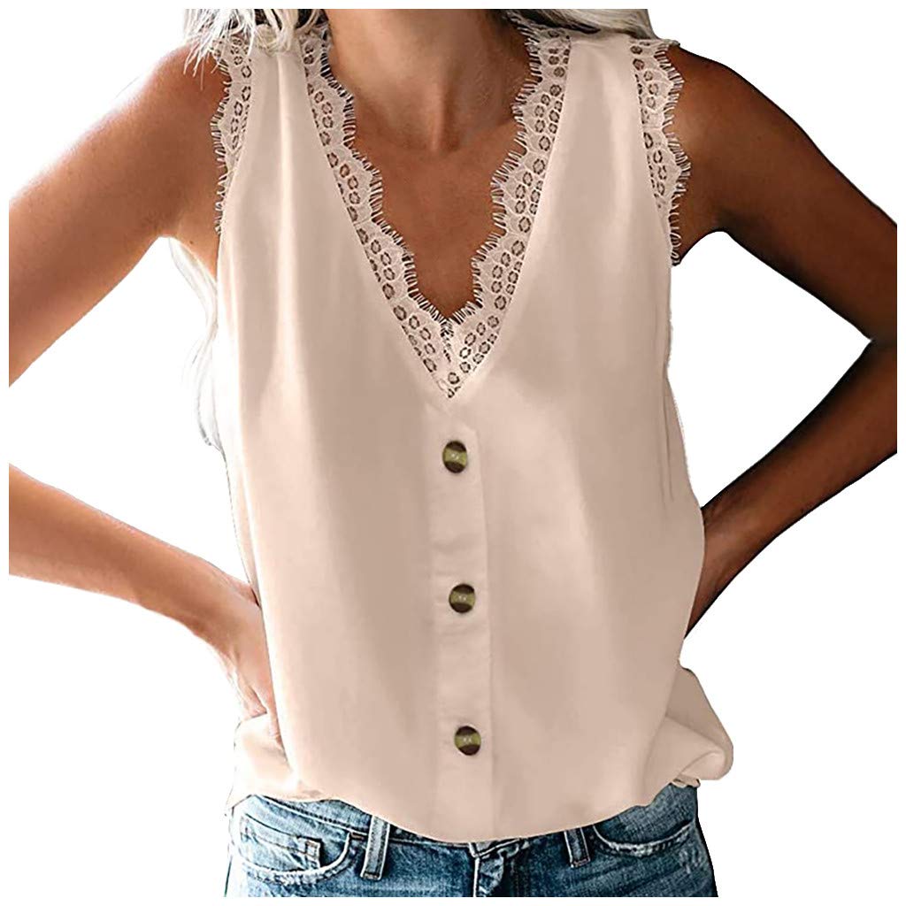 Women's V Neck Lace Trim Tank Tops Casual Loose Sleeveless Blouse Shirts Crochet Strappy Cami Blouses