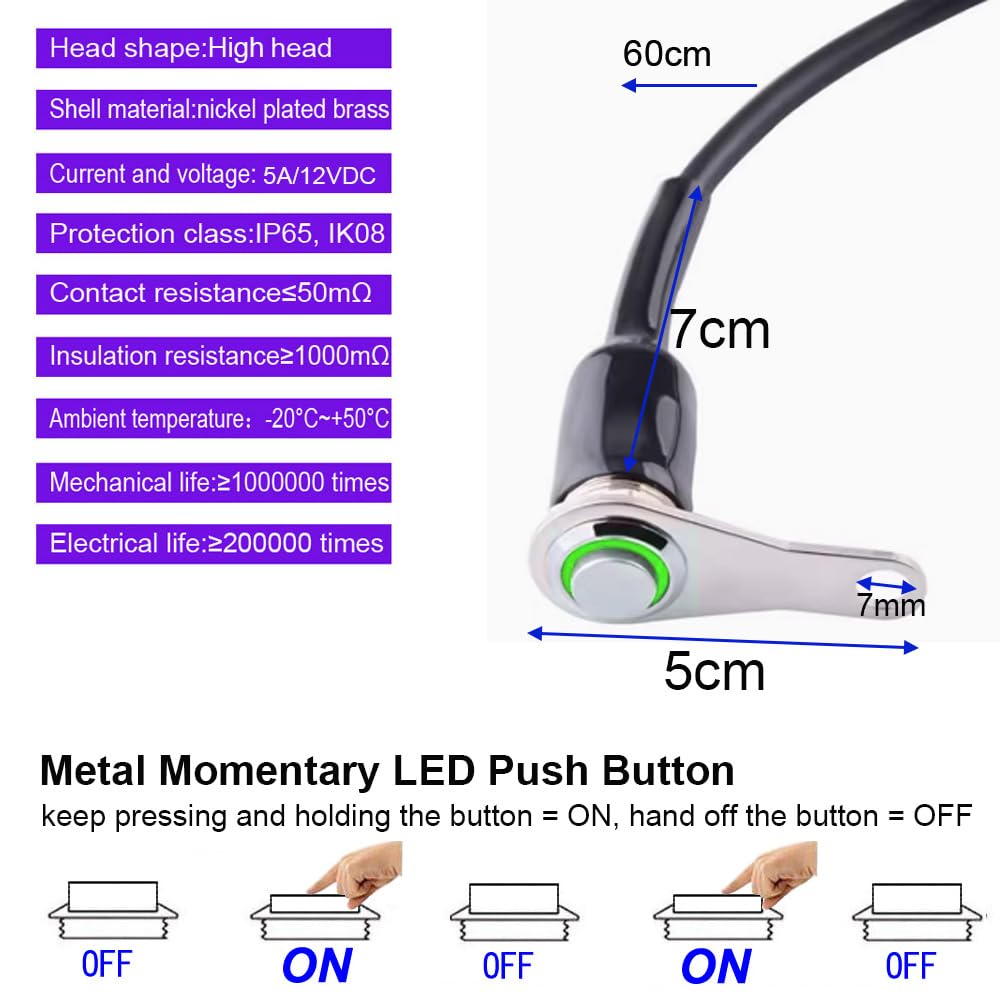 Gebildet Interruttore Momentaneo Universale in Acciaio Inossidabile LED Verde per Moto ON-OFF 5A/12V