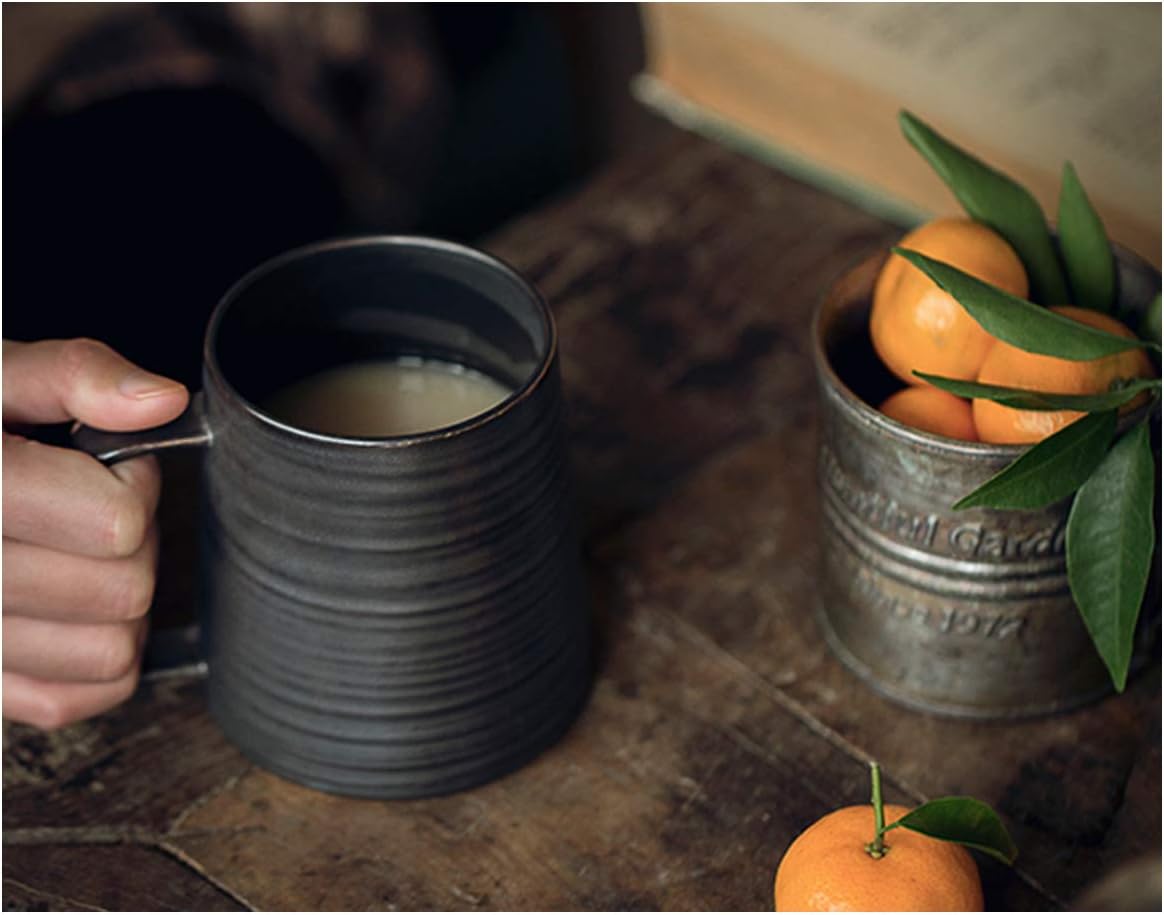 Uр Tо 50% оƒƒ Globe Faith Large Unique Ceramic Coffee Mug, Rustic Handmade Stoneware Coffee Cup, Big Office Artistic Pottery Tea Cup, Personalized Porcelain Teacup, Annular Texture Metallic Black Glaze 16 oz