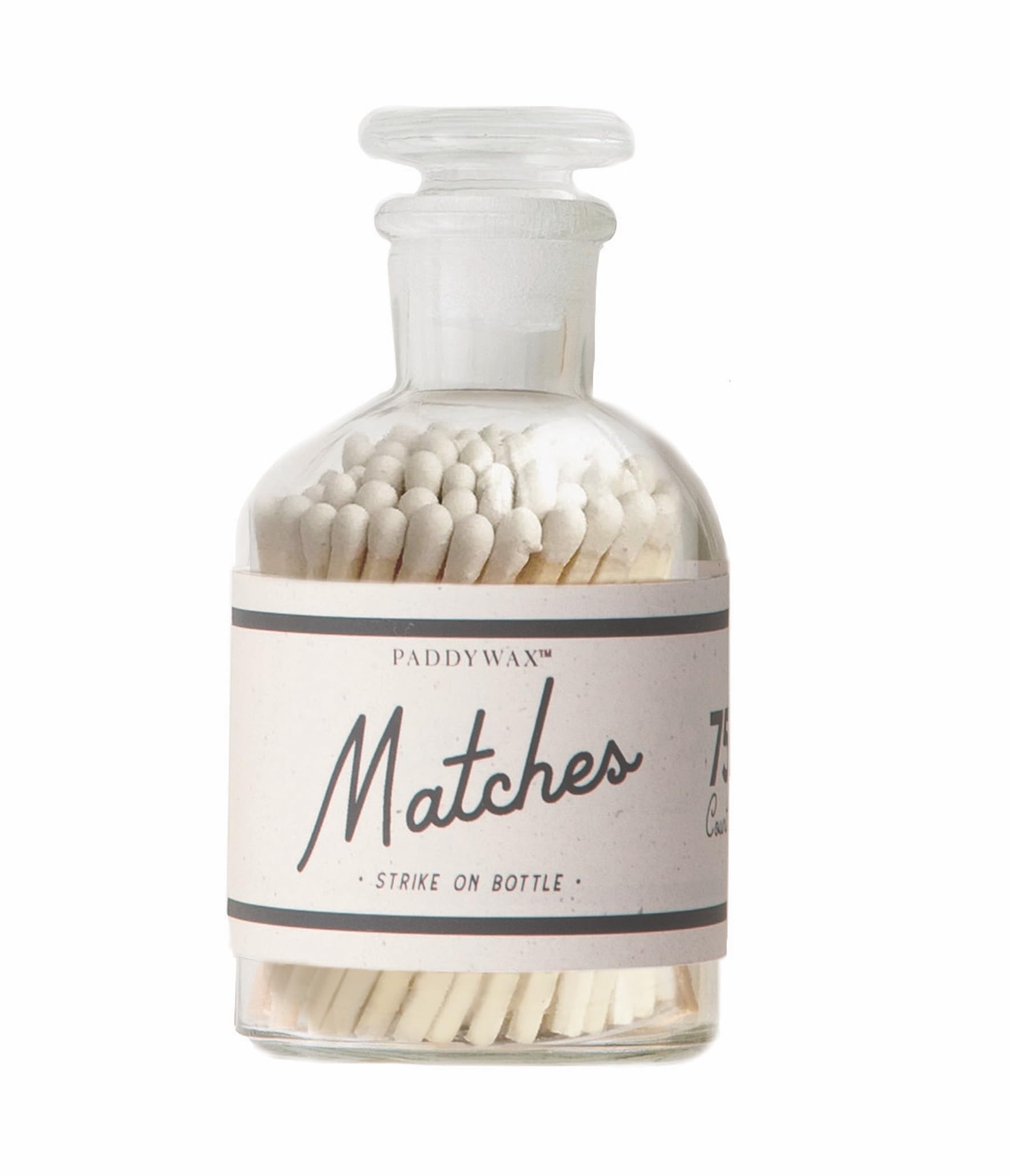 Paddywax White Tip Glass Bottle Match Holder With Striker And 75 Safety Matches,