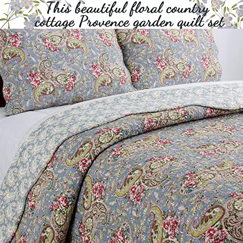 Cozy Line Home Fashions French Floral Country Cottage Blue Scalloped 100% Cotton Reversible Bedding Quilt Set, Bedspread, Coverlet (Provence Garden, King - 3 Piece) #TOP1