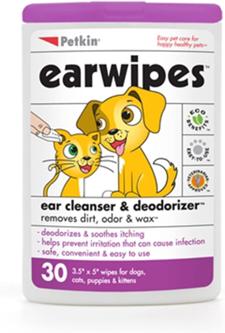 Petkin Ear Wipes for Dogs and Cats, Wipes Away Daily Dirt and Odor, Cleans Ears, Remove Dirt, Odor and Wax, Super Convenient, Ideal for Home or Travel 30 Petwipes