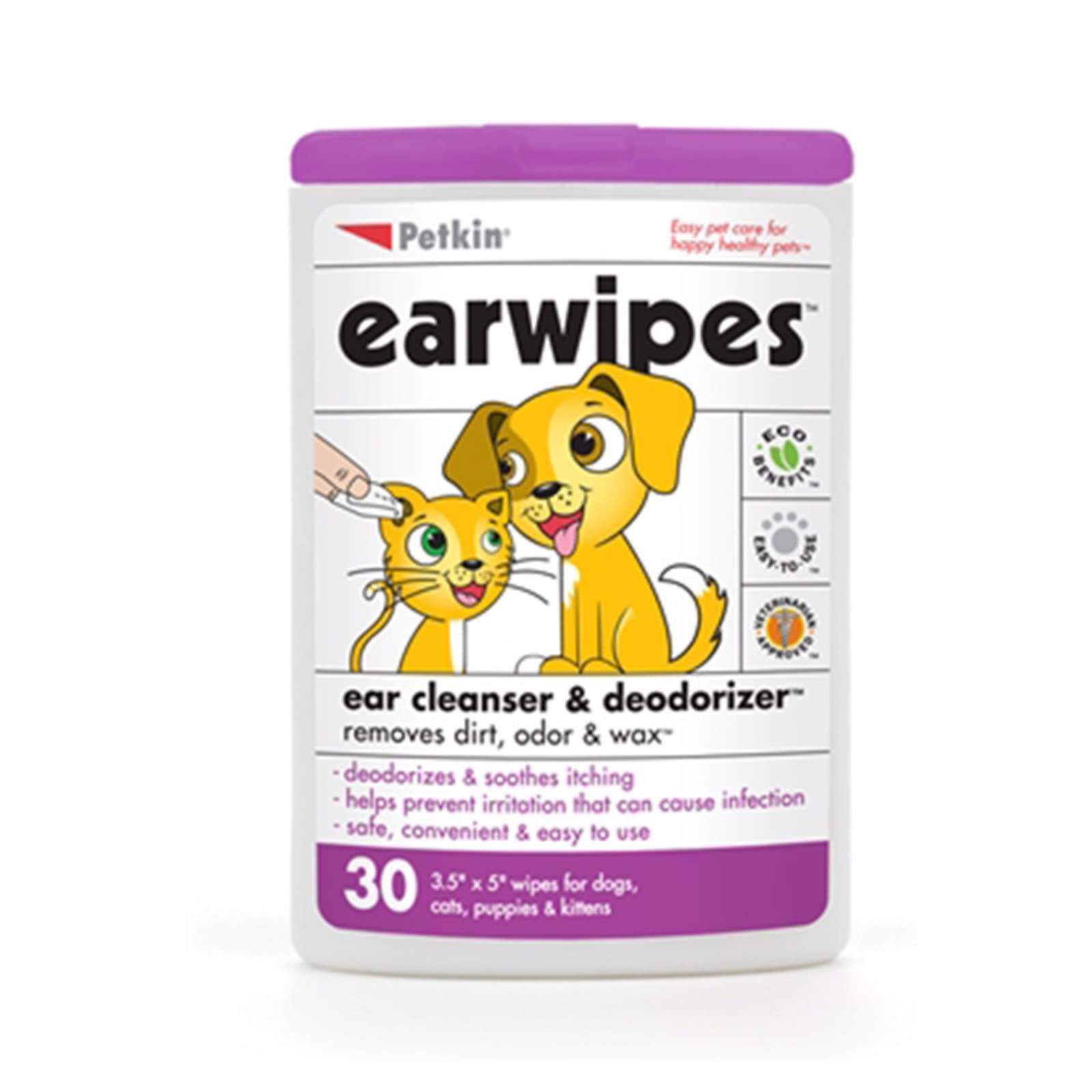Petkin Ear Wipes for Dogs and Cats, Wipes Away Daily Dirt and Odor, Cleans Ears, Remove Dirt, Odor and Wax, Super Convenient, Ideal for Home or Travel 30 Petwipes