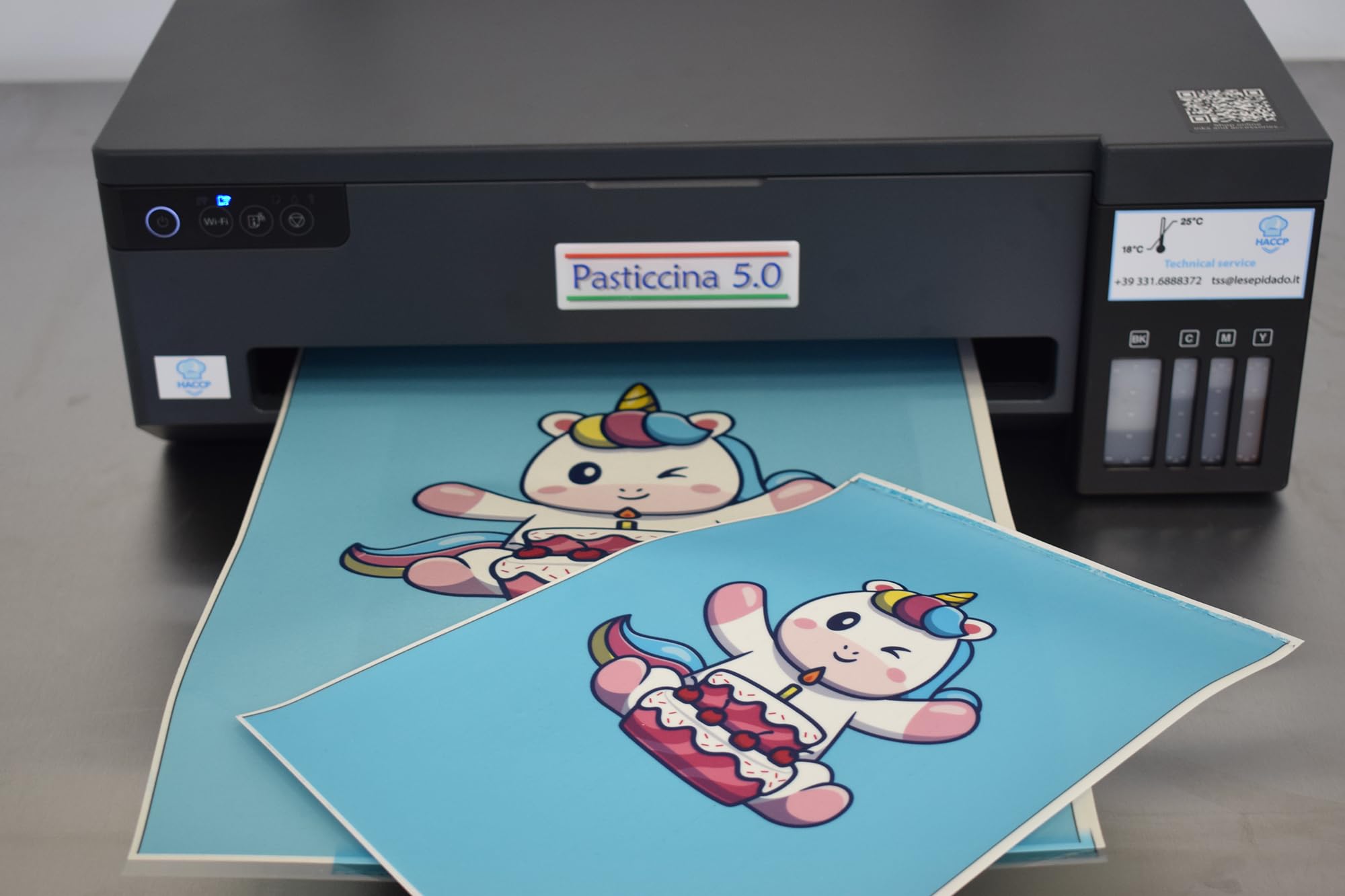 Stampante alimentare Pasticcina 5.0. Formato di stampa A5, A4 e A3 Lesepidado. Stampa fogli edibili con inchiostro alimentare 4 colori.