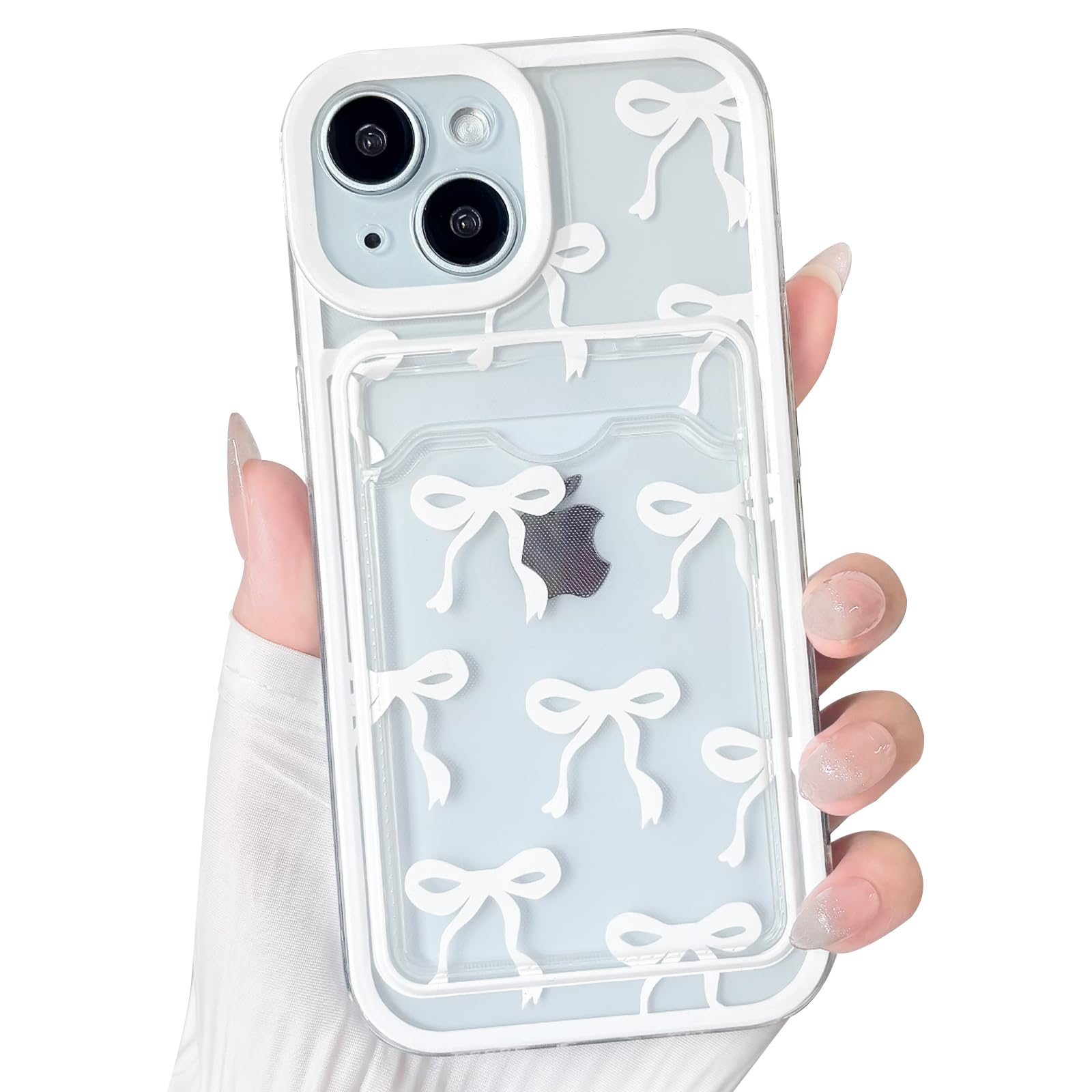 NITITOP Compatible with iPhone 15 Case Clear with Card Holder Cute Large Ribbon Bow for Women Girls Soft TPU Durable Shockproof Wallet Protective
