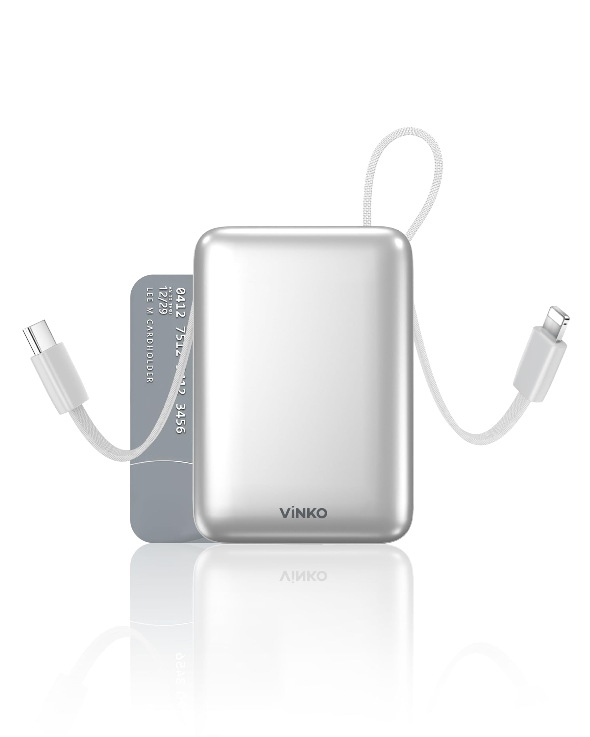 VINKO Travel Essentials Chargeur Portable 20 000 mAh avec câbles intégrés et écran LED, Compatible avec iPhone, iPad, Samsung Pixel, Blanc