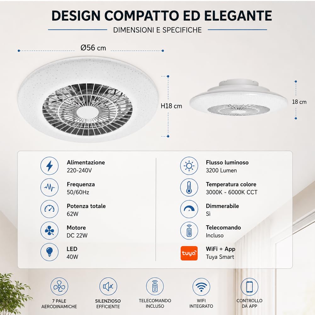 BAKAJI Ventilatore da Soffitto con Luce Led Dimmerabile, Air Fun con Illuminazione Diametro 56 cm, Potenza 67W, 7 Pale, Wifi e Compatibilità App Tuya, Ideale per Soggiorno, Camera da Letto, Ufficio