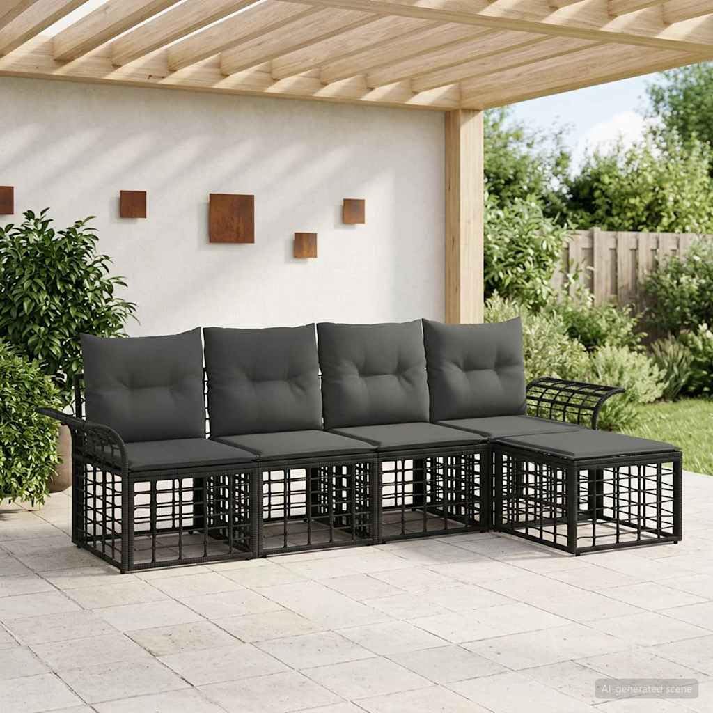 Ensemble de canapés d extérieur modulaires 5 pièces Noir et Gris foncé, Salon de Jardin sectionnel en Poly Rattan, Acier thermolaqué et Coussins résistants aux intempéries pour terrasse