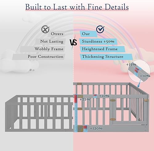 Miniatura 6 de Tatub Cama de piso matrimonial con barandillas de seguridad y puerta, cama Montessori para niños, marco de cama de piso de madera para niños, puerta
