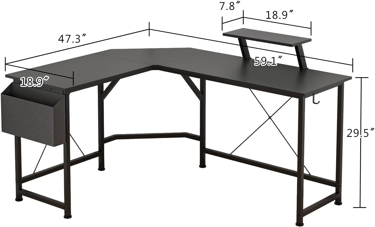 CAIYUN L Shaped Gaming Desk, 59" Computer Corner Desk, Computer Desk with Monitor Stand, Small Desks for Small Spaces, Game Desk with Storage Bag and Headphone Hook, Black