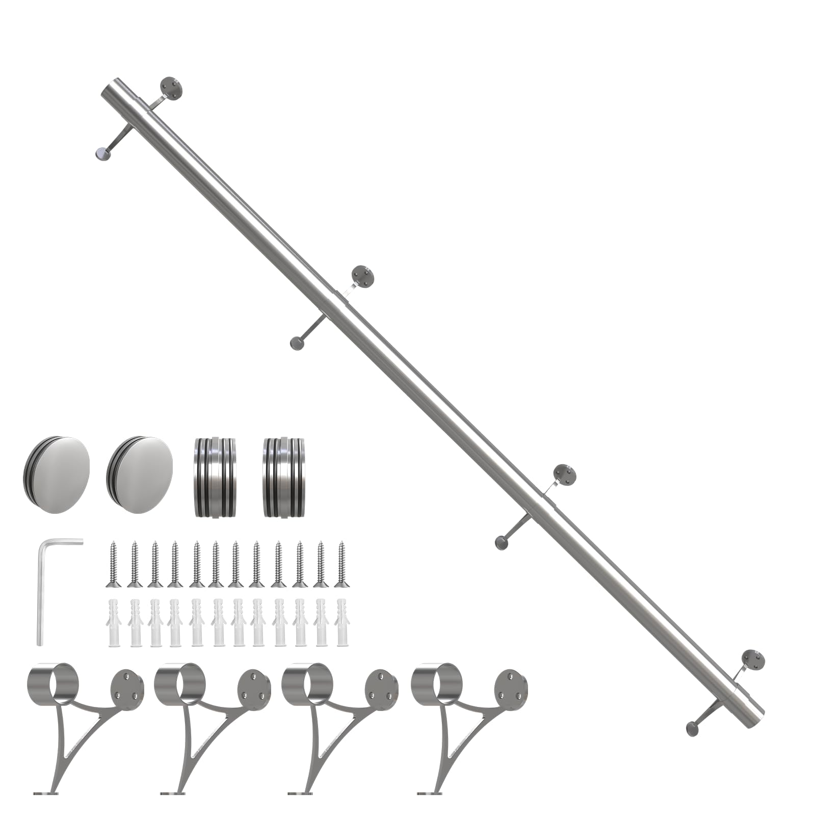 Bar Foot Rail Kit 4ft / 6ft / 8ft - Stainless Steel Complete Floor Standing Bar Foot Rest - Brushed Silver Foot Rail System with Tubing, Wall Brackets, End Caps & Internal Connector
