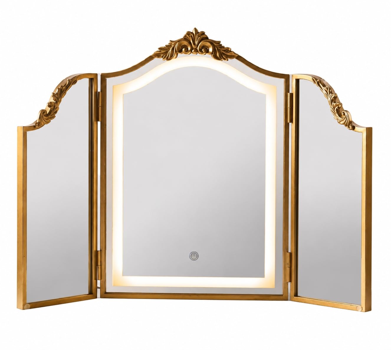 Espejo de maquillaje de triple pliegue dorado antiguo, 31 x 23 pulgadas, espejo de tocador vintage barroco, espejo tricolor regulable LED con luz táctil, decoración bohemia plegable para
