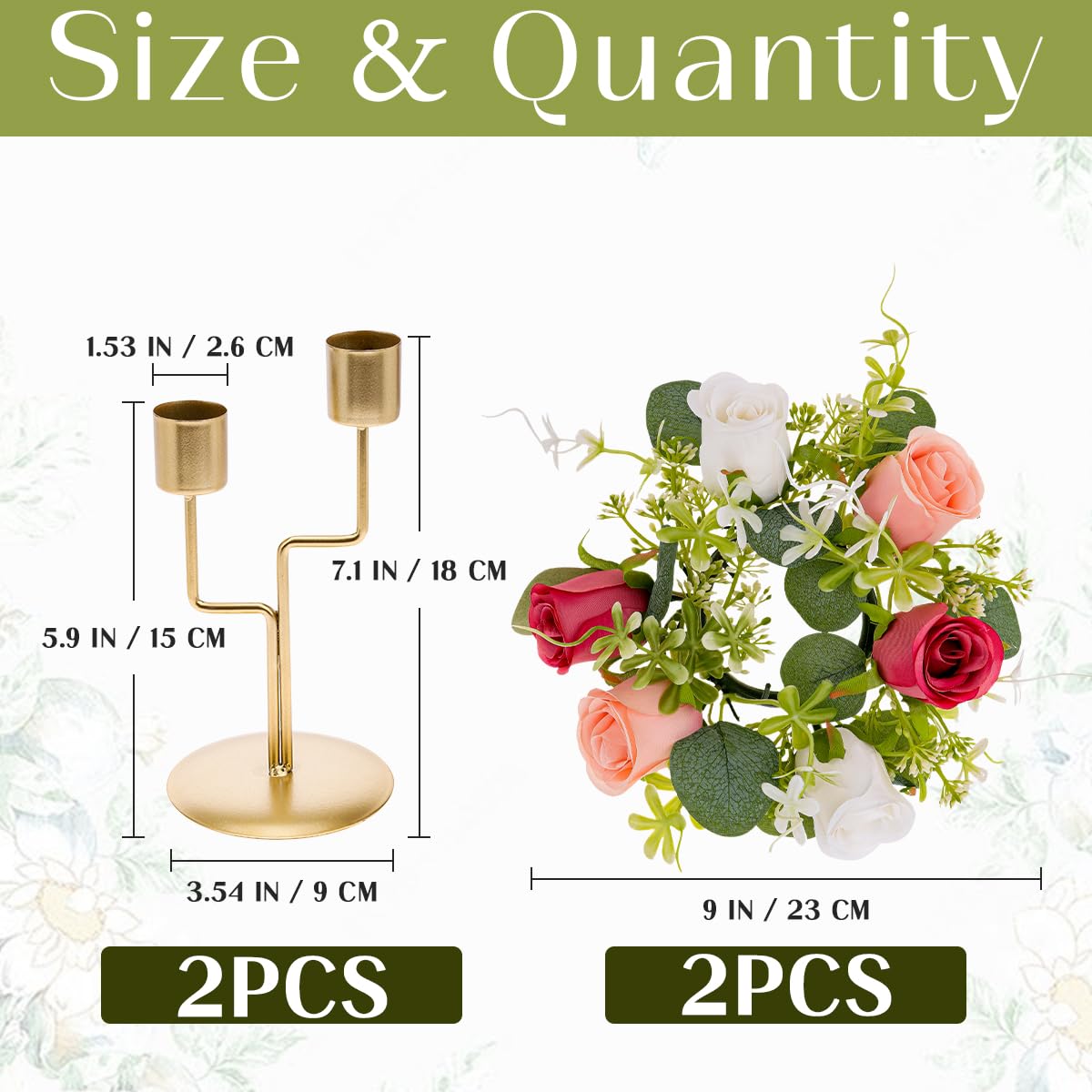 2 Set Metal Candle Holder with Artificial Flower Candle Rings Wreaths Fake Rose Eucalyptus Leaves for Home Decor Wedding Table Centerpiece