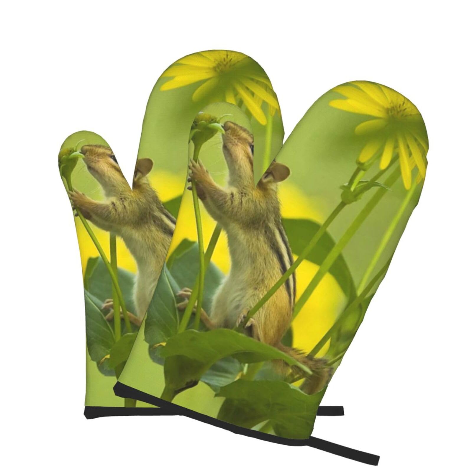 Oven Mitts Set of 2 Pcs, Wildlife Squirrel Flowers Prints Heat Resistant Kitchen Gloves for Cooking Baking Grilling