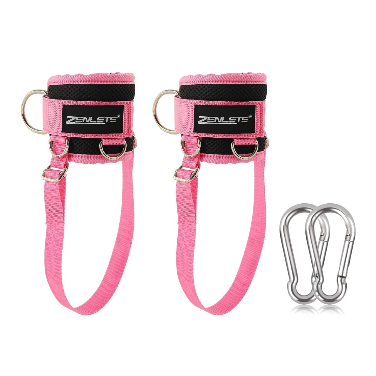 zenlete 2 Stück Fußschlaufen Kabelzug 5 D-Ringen und extra Band verstellbar für Frauen und Männer - Ankle Straps für Fitness Training Kickbacks (Pink)