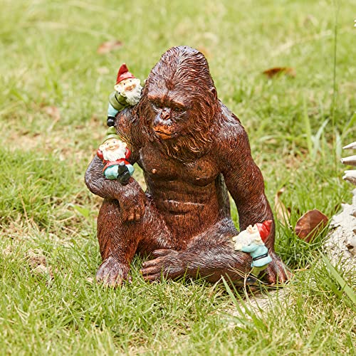 Gorilla Bigfoot With Gnomes Statue, Lawn Sculpture - Harambe Adorable Garden Decor, Garden Art Décor, Durable Colorful Indoor & Outdoor Animal Ornament - Flowers Lawn, Yard, Patio, 6.3” High X 6.3” W #TOP21