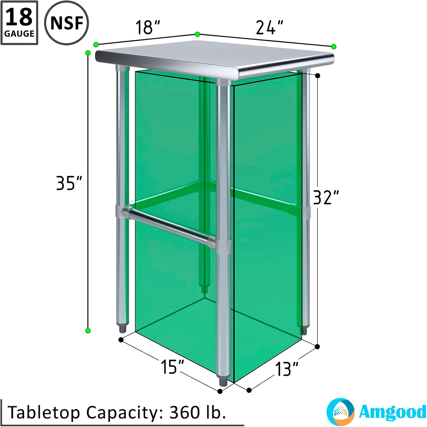 AmGood Stainless Steel Work Table Open Base | Metal Work Bench (Stainless Steel Table Open Base, 18" Long x 24" Deep)