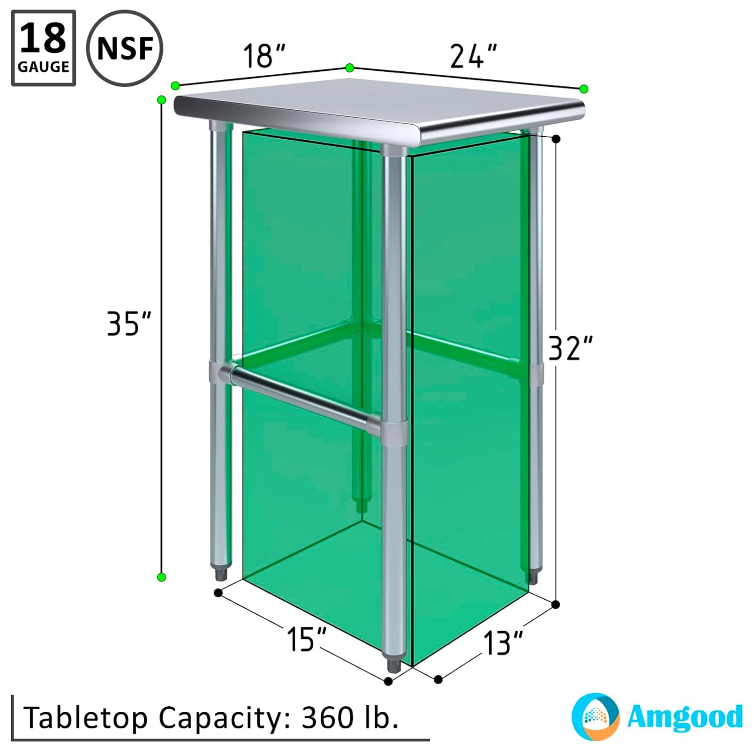 AmGood Stainless Steel Work Table Open Base | NSF Kitchen Island Food Prep | Laundry Garage Utility Bench (18" Long X 24" Deep)