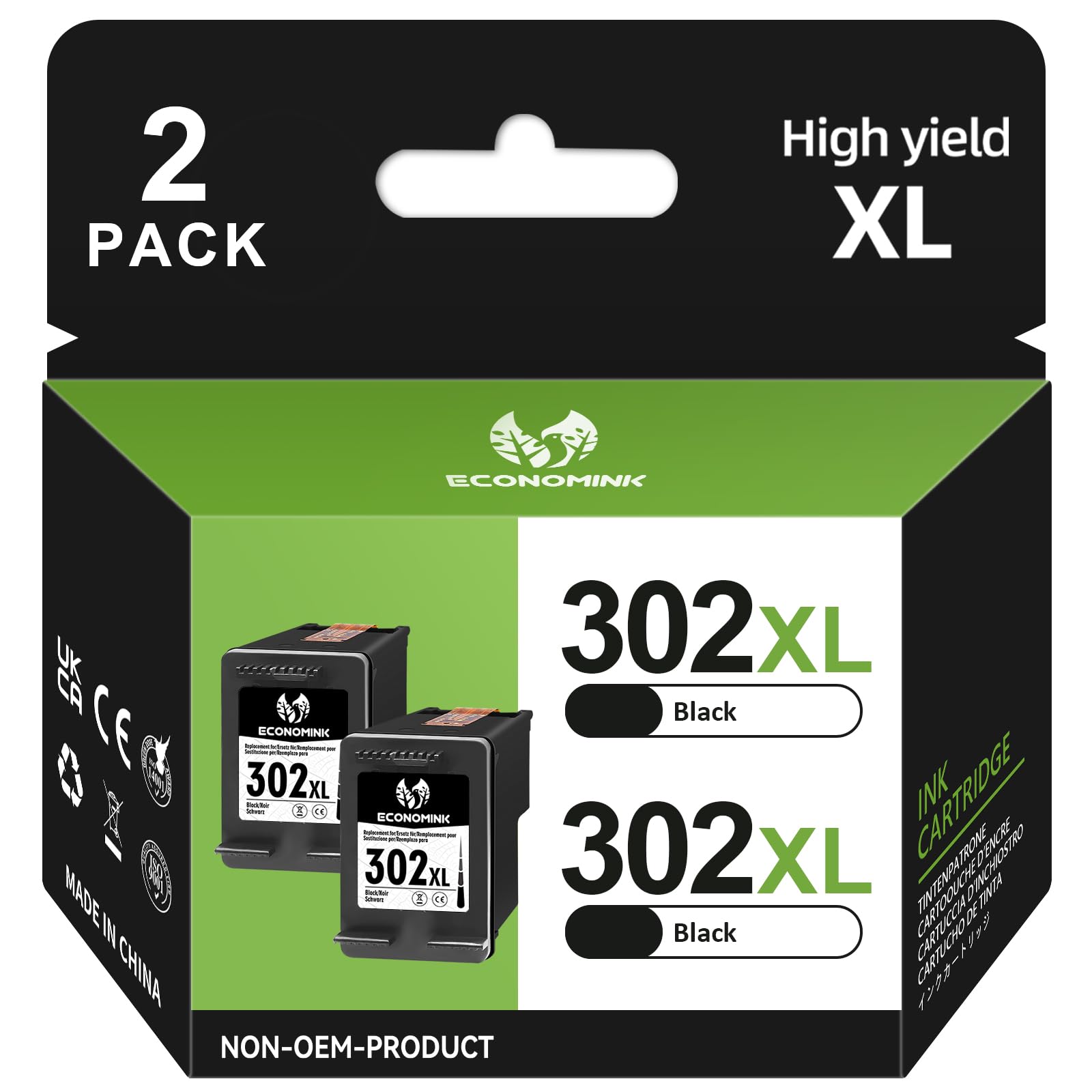 Economink 302 XL 302XL Cartucce d'inchiostro Sostituzione per HP 302 nero per HP Envy 4520 4522 4525 Officejet 3830 3834 4650 4652 DeskJet 1110 2130 3630 3632 3634 3636 (2-Pack)