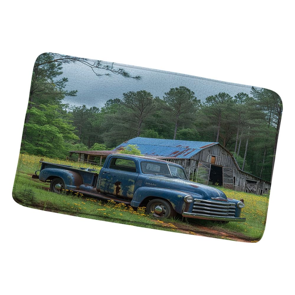 Vintage Farm Blue Truck Bath Mats Western Country Barn Old Antique Car Forest Rustic Farmhouse Retro Bathroom Rugs Shower Mat Toilet Bedroom Kitchen