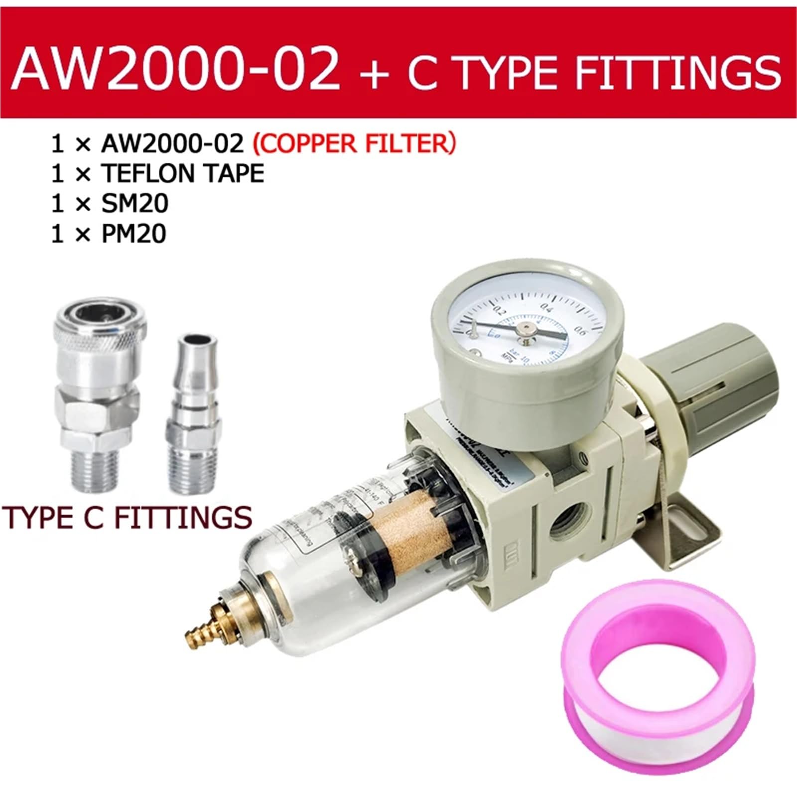 Régulateur de pression de filtre à air pneumatique AW2000-02 1/4" avec manomètre intégré (1 pièce)(AW2000-02 C Male)