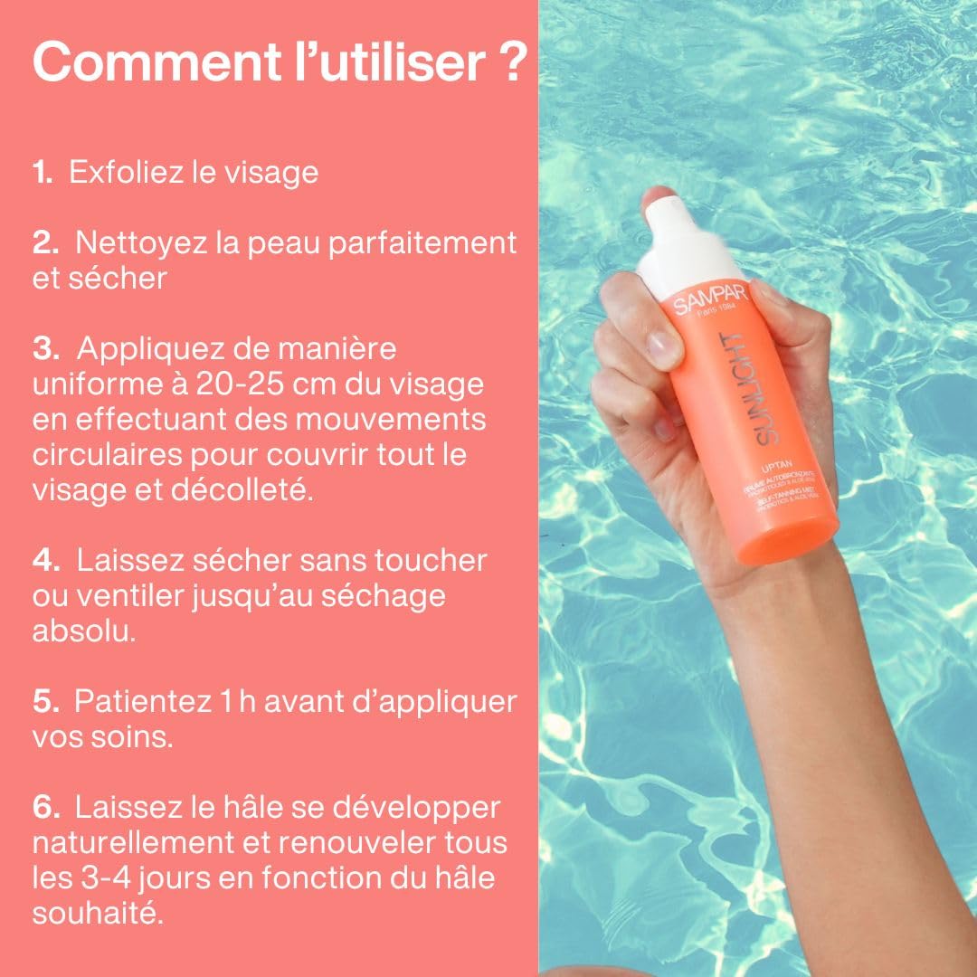 Brume Autobronzante Visage aux probiotiques, DHA Végétale & Aloe vera - Sunlight Uptan SAMPAR - Hâle naturel & Lumineux - Sans trace - Sans odeur - Tous Types de Peaux