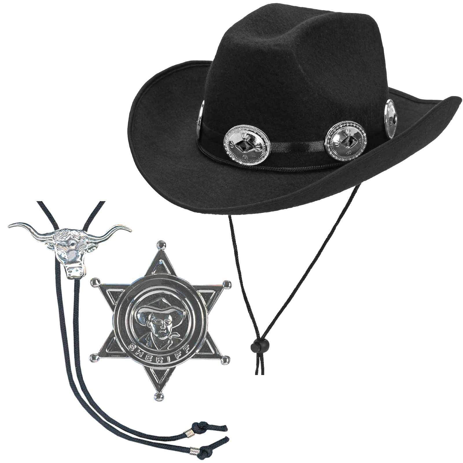 Adult Cowboy Costume Accessories Cowboy Black Felt Hat, String Tie and Star Badge | Wild West Sheriff Cowboy Set for Halloween Party Dress Up,Black/Silver