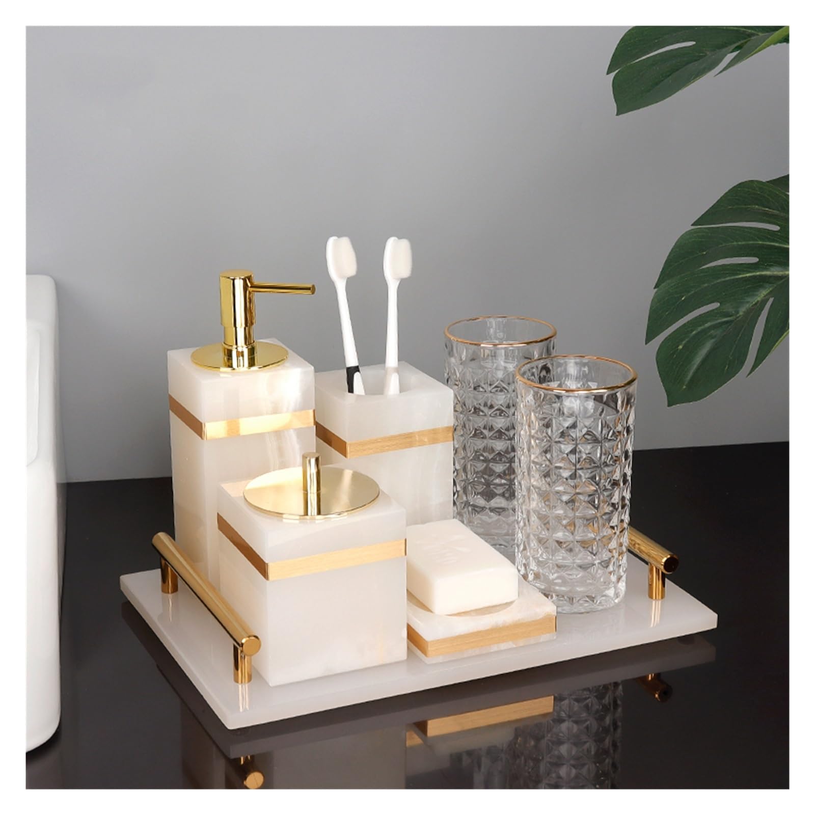 Manguera De Ducha Accesorios de baño mármol natural blanco Dispensador jabón lujo dorado Soporte for hisopos algodón for cepillo dientes Juego(Aromatherapy bottle)
