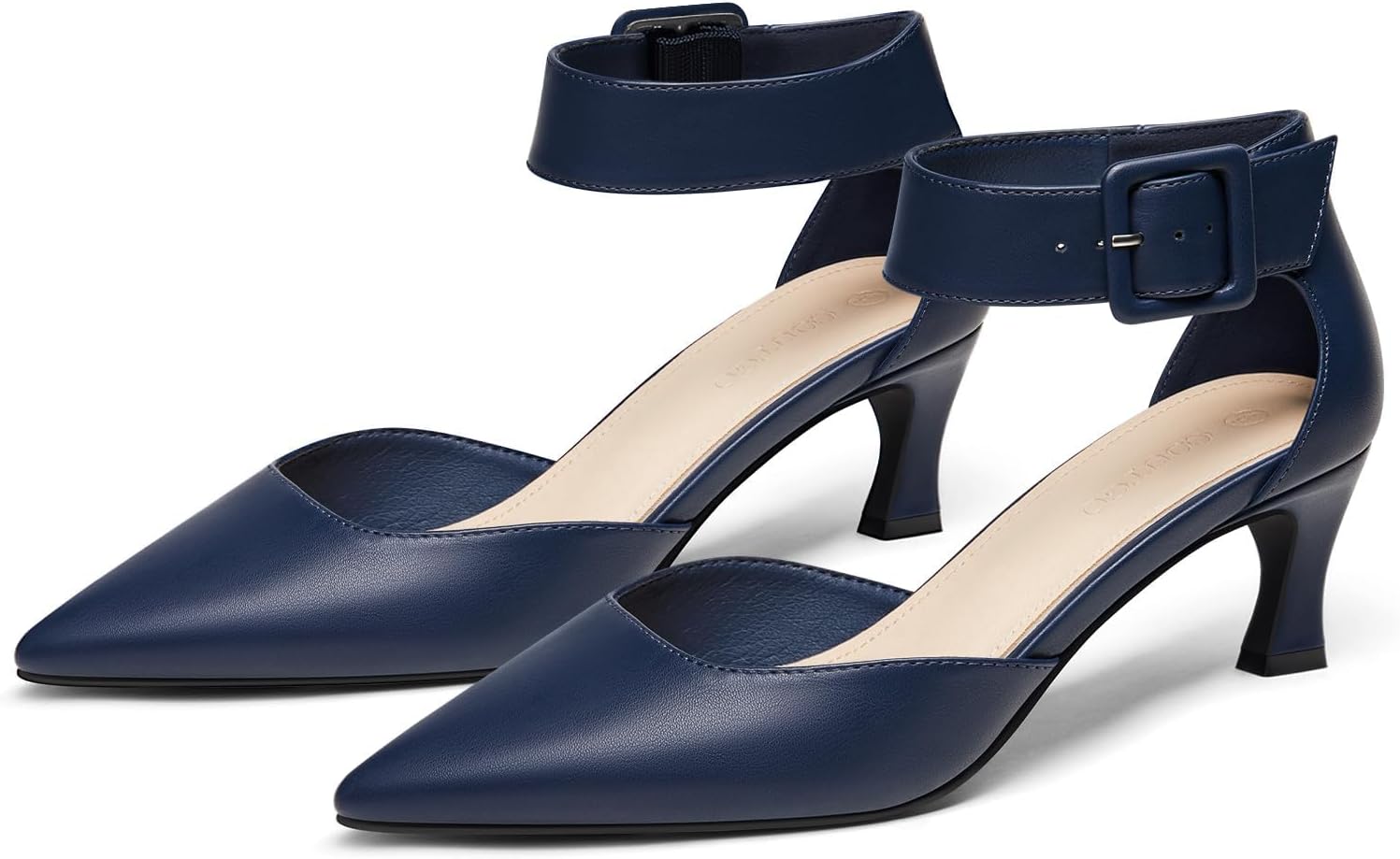 Coutgo Womens Kitten Low Heels Closed Pointed Toe Ankle Buckle Strap Pumps Suede Dress Wedding Shoes