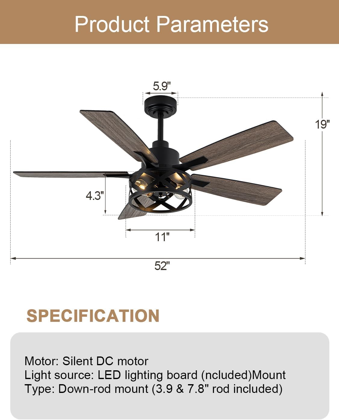 52 Inch Farmhouse Ceiling Fan with Lights Remote Enclosed Caged Fandelier Ceiling Fan Black Rustic Chandelier, 5 Dual Blades, Reversible Quiet DC Motor 6 Wind Speeds Timer for Bedroom Patio