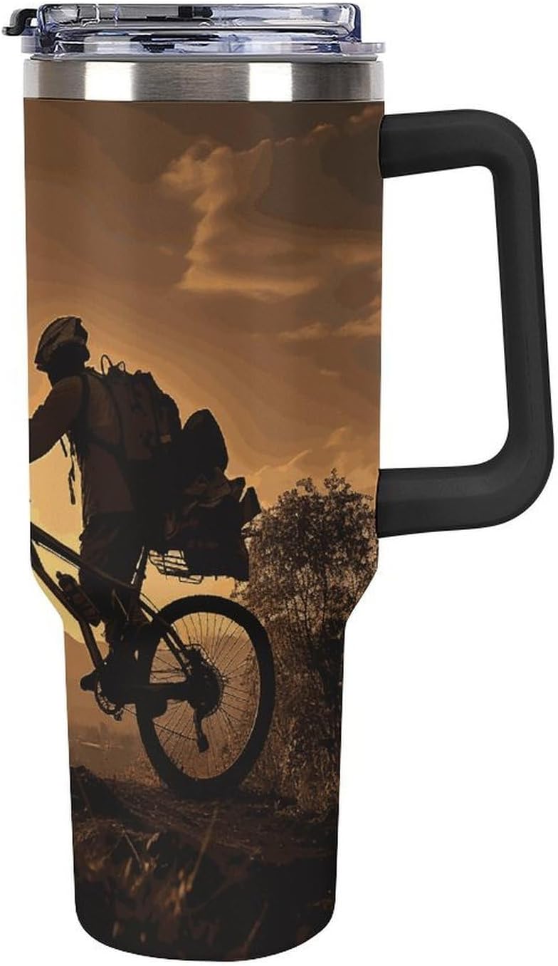40oz Stainless Steel Mountain Bike Tumbler with Handle And Straw Double Wall Vacuum Insulated Travel Mug Bpa-Free Leak-Proof Water Bottle Cup Holder Friendly for Home Office Gym