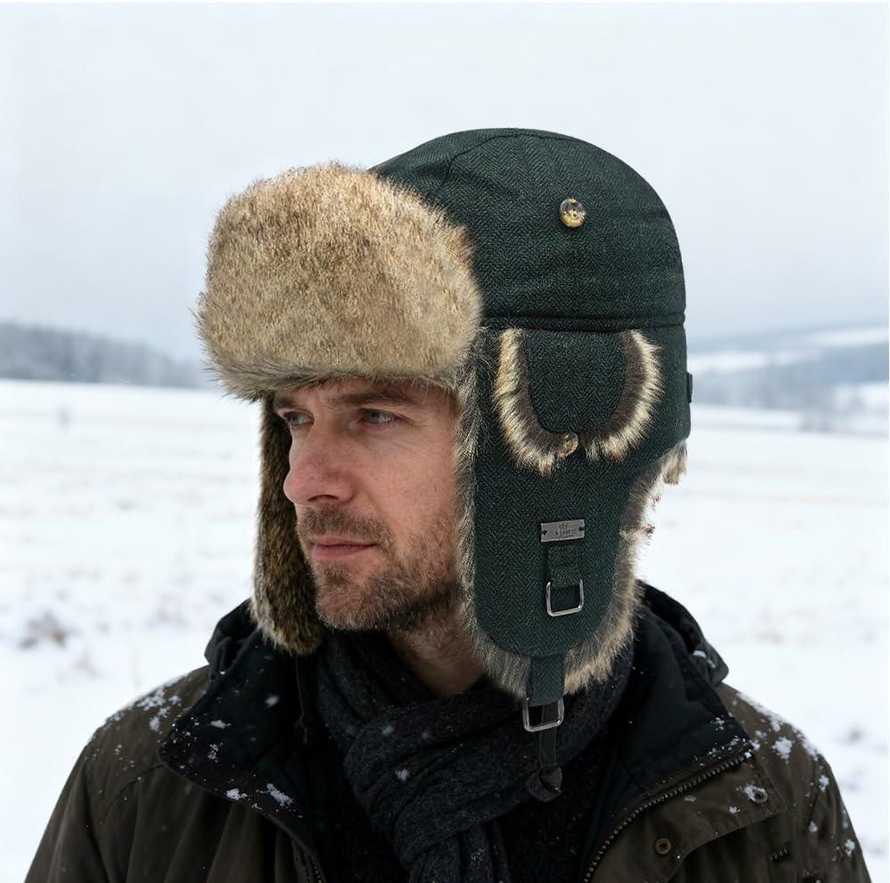 Fur Winter Trapper Hat,Wool Faux Fur Aviator Ski Trapper Trooper Pilot Snow Eskimo Hat with Ear Flaps for Men & Women