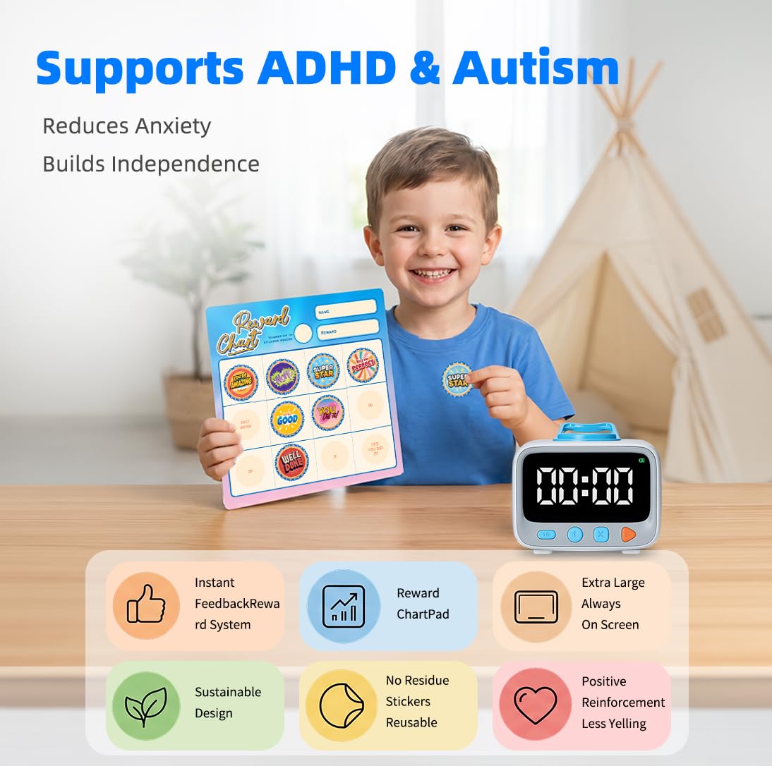 Sticker Timer Visueller Countdown-Timer mit 200 Medaillen-Belohnungs-Sticker für Kinderbelohnungen, wiederaufladbarer digitaler Timer für ADHS-Fokus, Klassenzimmer- & Heimstudium-Werkzeug