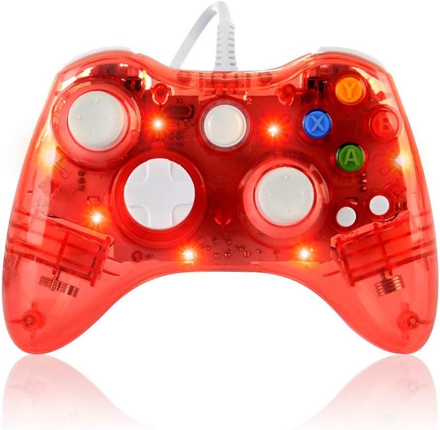 Wired Game Controller for Microsoft Xbox 360 Console/PC Windows7/8/10 - Transparent Colorfull LED Lights (Red)