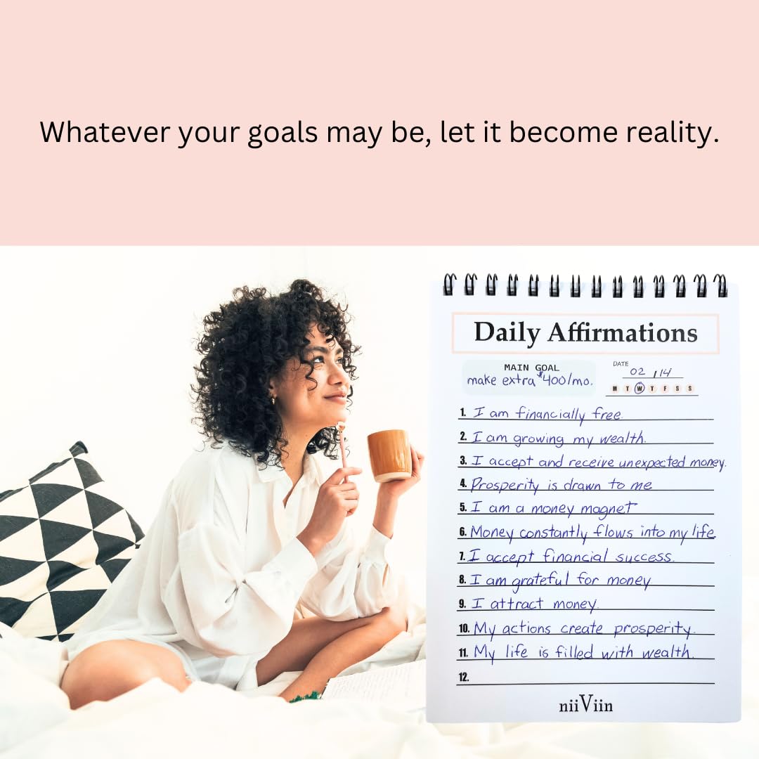 NIIVIIN Afirmaciones diarias para mujeres, cuaderno rosa de 50 páginas para escribir tus afirmaciones positivas, regalos motivacionales para mujeres, bonito diario personal, bloc de espiral de 5 x 7