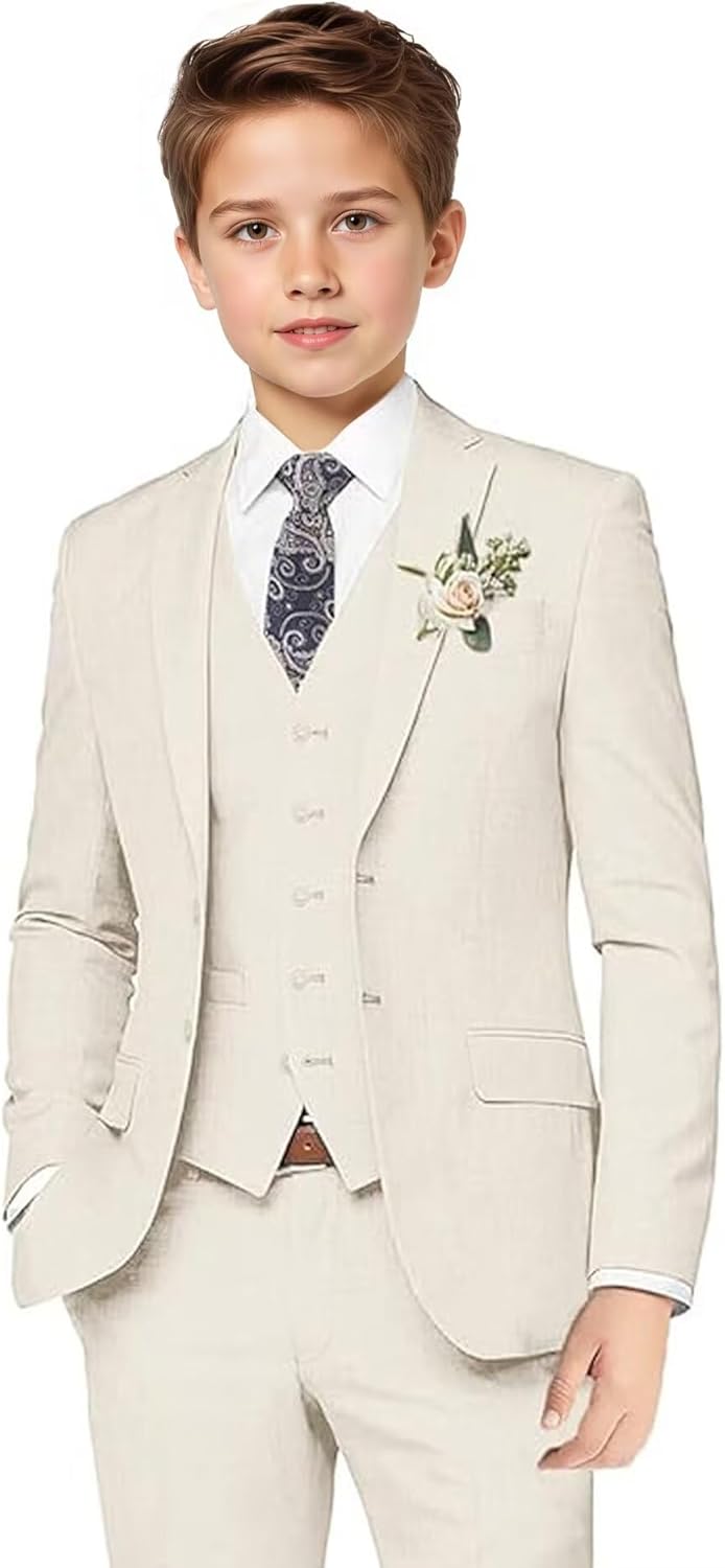 Linen Boys Suit Formal Kids Suits for Boy 3 Pc Summer Beach Wedding Dress Pants Blazer Vest Set 2-16 Years