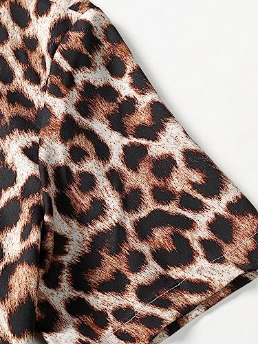 WDIRARA Men's 2 Piece Leopard Print Outfit Button Up Collared Short Sleeve Shirt and Drawstring Waist Shorts4