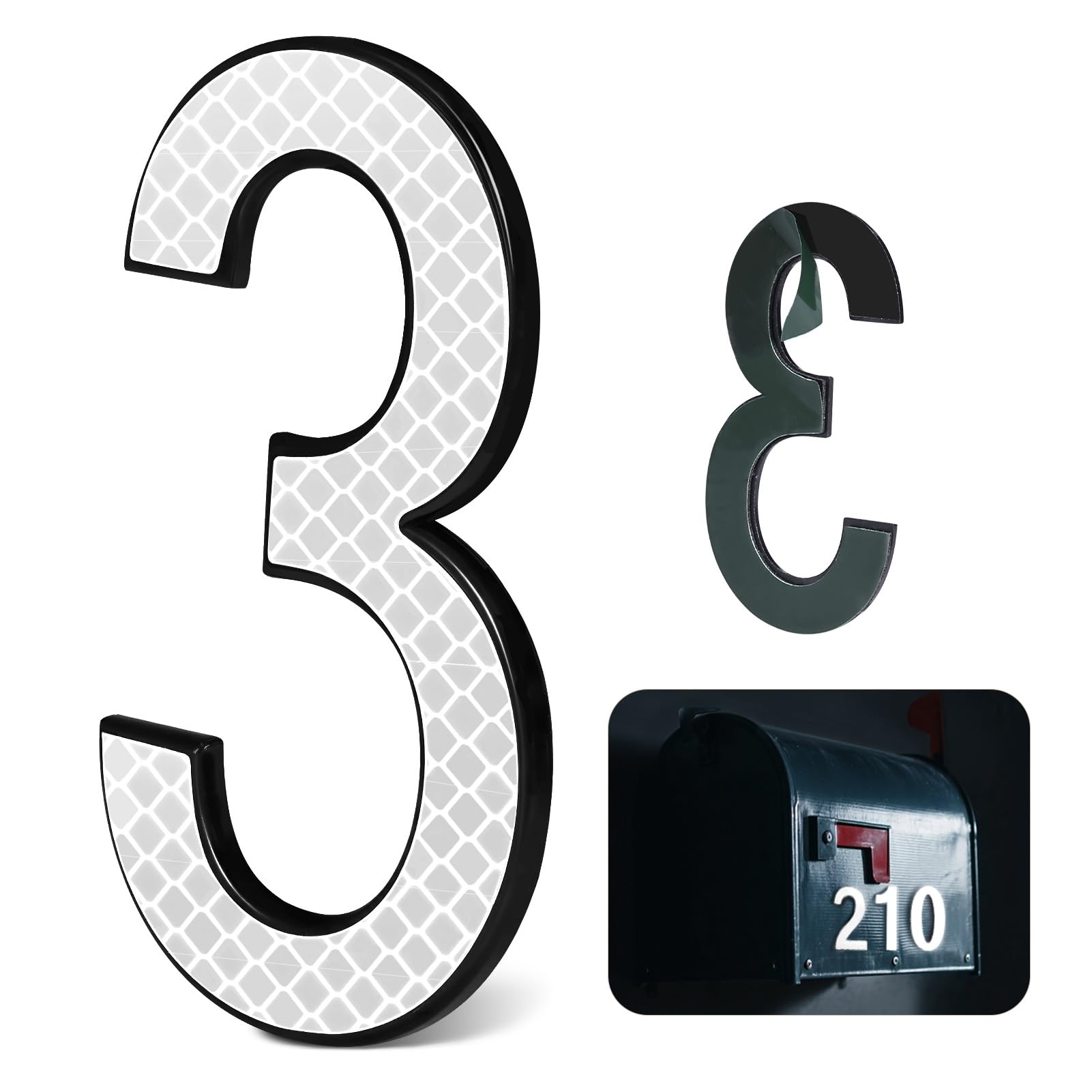 4 Inch Reflective House Numbers for Outside, VONDERSO High-Intensity Reflective Self-adhesive Mailbox Numbers, Durable ABS Base for House Plaques, Mailbox, Yard, Garage – Plaque Number ‘3’