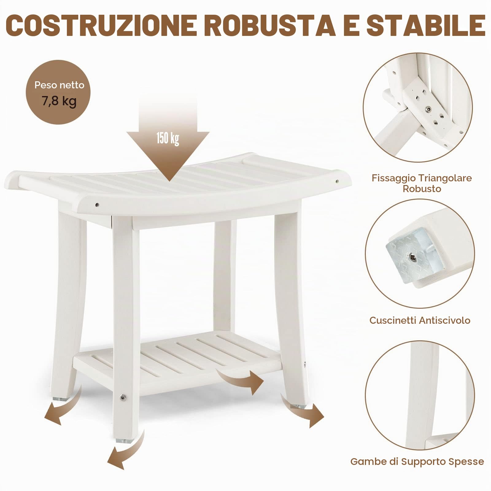 LIFEZEAL Sgabello da Bagno a 2 Livelli, Panca da Doccia Solida in HDPE Fino a 150 kg, Sgabello Doccia con Ripiano Portaoggetti per Adulti, Anziani, Bianco (60,5 x 34 x 48 cm)