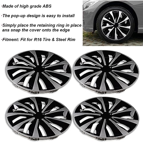 Image of Blade Bright Black with Silver Hubcap Wheel Cover Replacement Kit 16 inch Hub Caps Wheel Rim Cover Car Exterior Accessories Pack of 4, 16 Inches