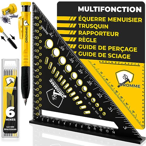 DROMME 5 en 1 Equerre Menuisier 180 mm + Crayon Chantier +...